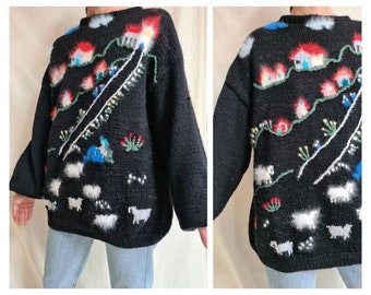 Vintage black handmade wool mix landscape novelty sweater