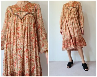 Vintage seventies indian cotton gauze floral midi dress S