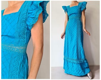 S vintage Mexican wedding blue maxi dress