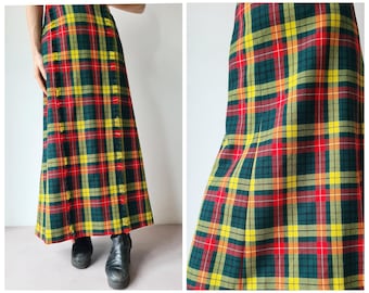 M Vintage wool maxi Red yellow green Tartan skirt long