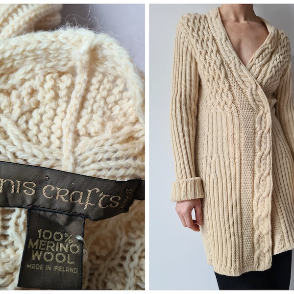 vintage Aran crafts mérinos câble de laine classique wrap cardigan s/m