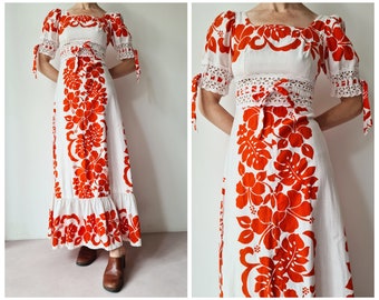 Xs seventies long Hawaii print hibiscus Vintage dress