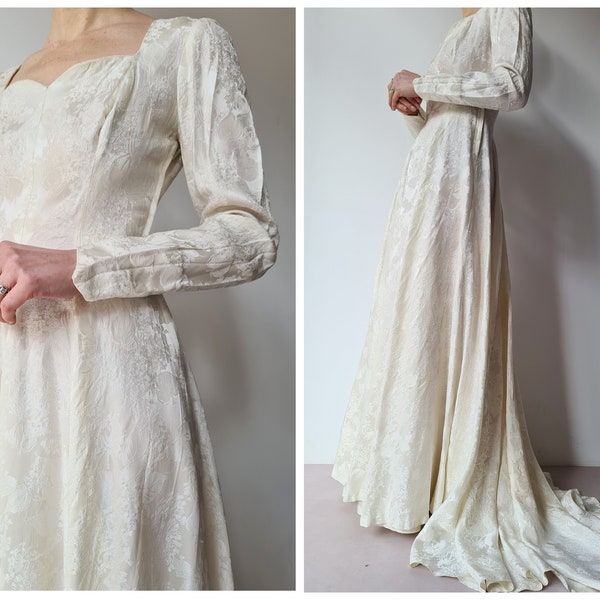 Xs Vintage 1960er 50er Jahre Jacquard Stil weißes Hochzeitskleid