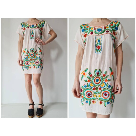 Sheer and Light Weight Vintage 70/'s 80/'s White Embroidered Cotton Gauze Mexican Shirt Small Medium