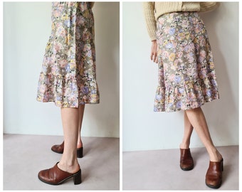 M vintage silk floral midi ruffle summer skirt