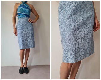 S Vintage lace baby blue pencil skirt