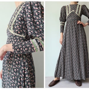 Abito lungo vintage anni settanta con motivo floreale nero in stile prateria s