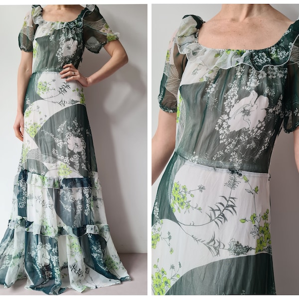 Vintage green botanical seventies maxi dress