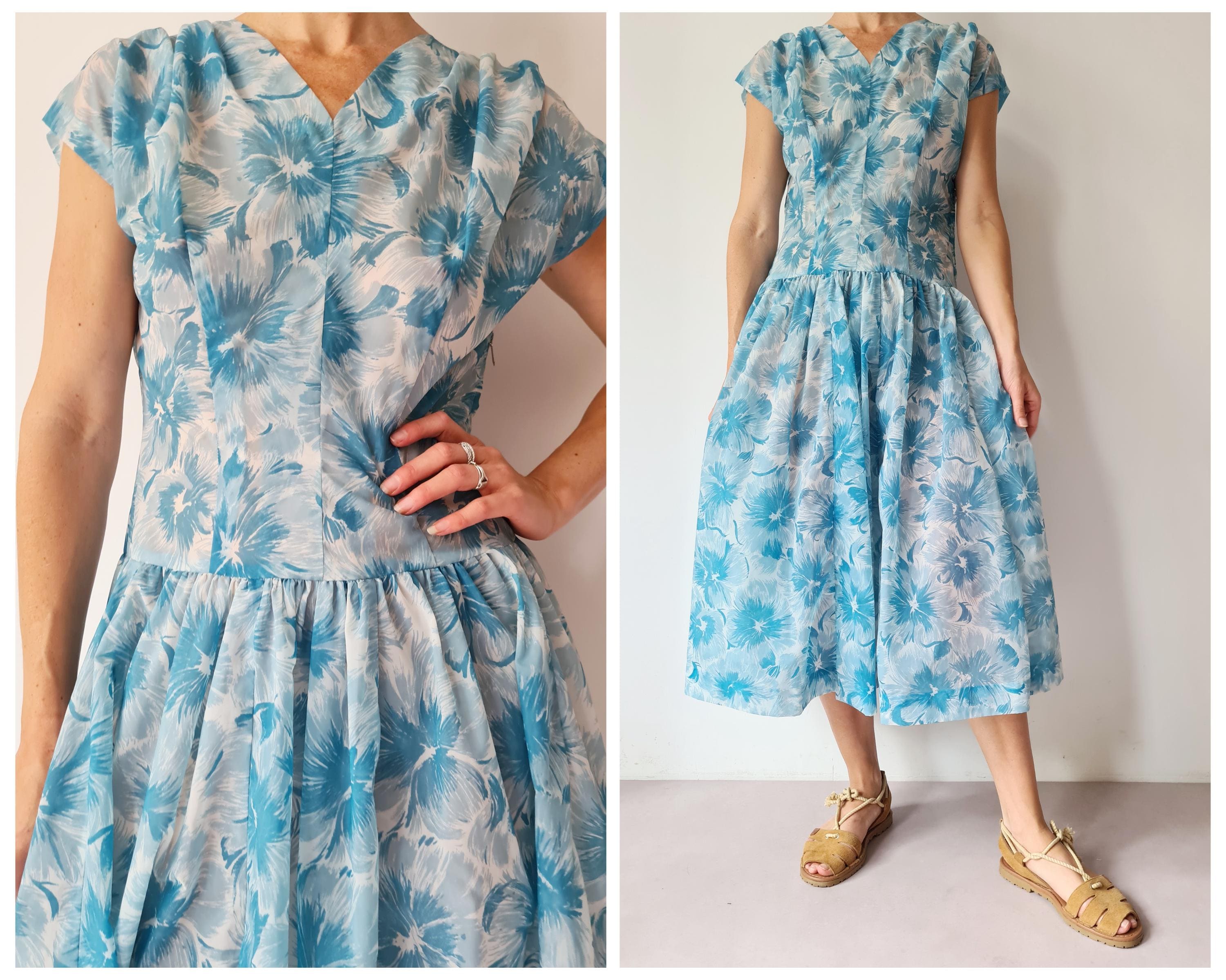 M L Vintage Fifties Floral Blue Cocktail Dress Etsy Canada