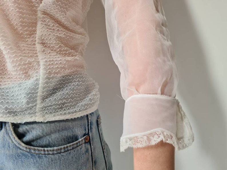 Vintage 50-ies sheer ruffle romantic blouse S