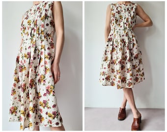 Vintage floral pleated silk 1950s dress M