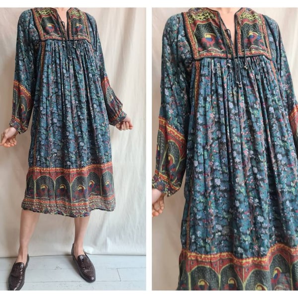 On hold! Vintage Indiase katoen seventies pauw boho jurk M