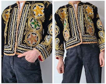 S M Vintage black velvet embroidery folklore jacket