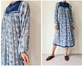 Vintage seventies indian gauze cotton blockprint dress M