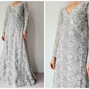 Vintage Lace Silver Embroidered Silver Party Dress M - Etsy Vintage Lace Silver Embroidered Silver Party Dress M - Etsy