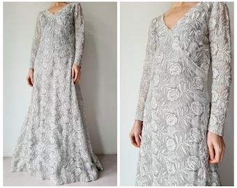 Vintage lace silver embroidered silver party dress M