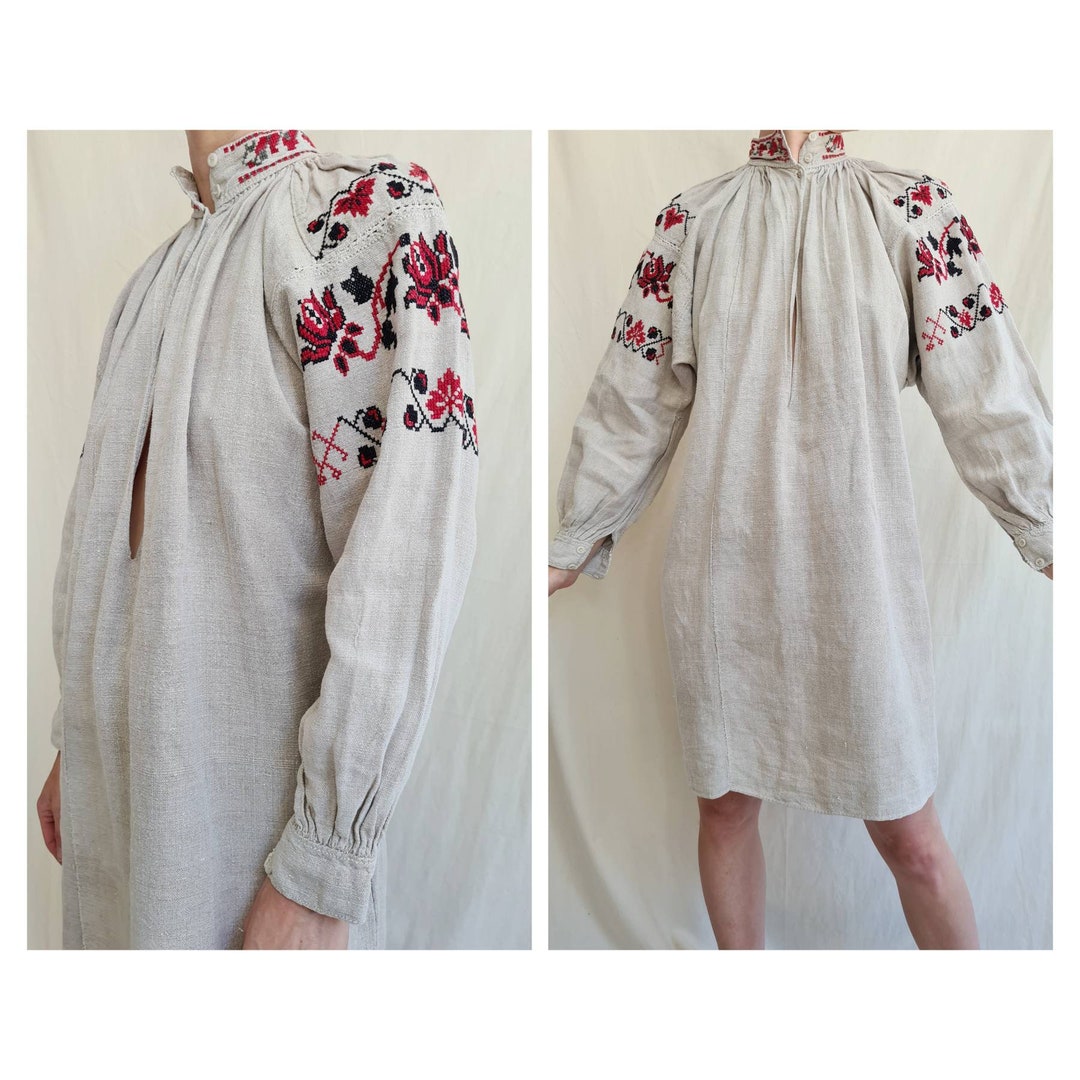 Antique Hand Loomed Linen Flax Ukrainien Folklore Embroidered Dress S