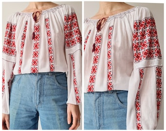 Vintage Romanian embroidered cotton folklore traditional blouse M