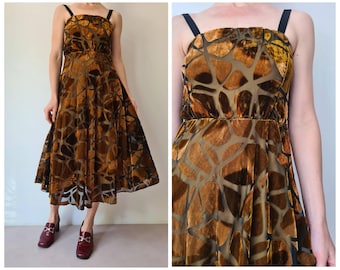 S Vintage brown black velvet print midi dress