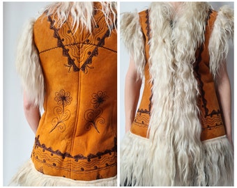 Gilet sans manches vintage Afghan des années 70 à shaggy lammy