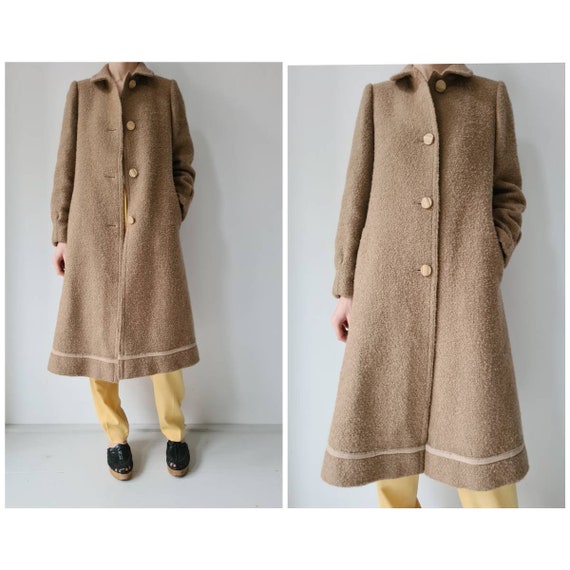 Vintage camel wool boucle long winter coat S