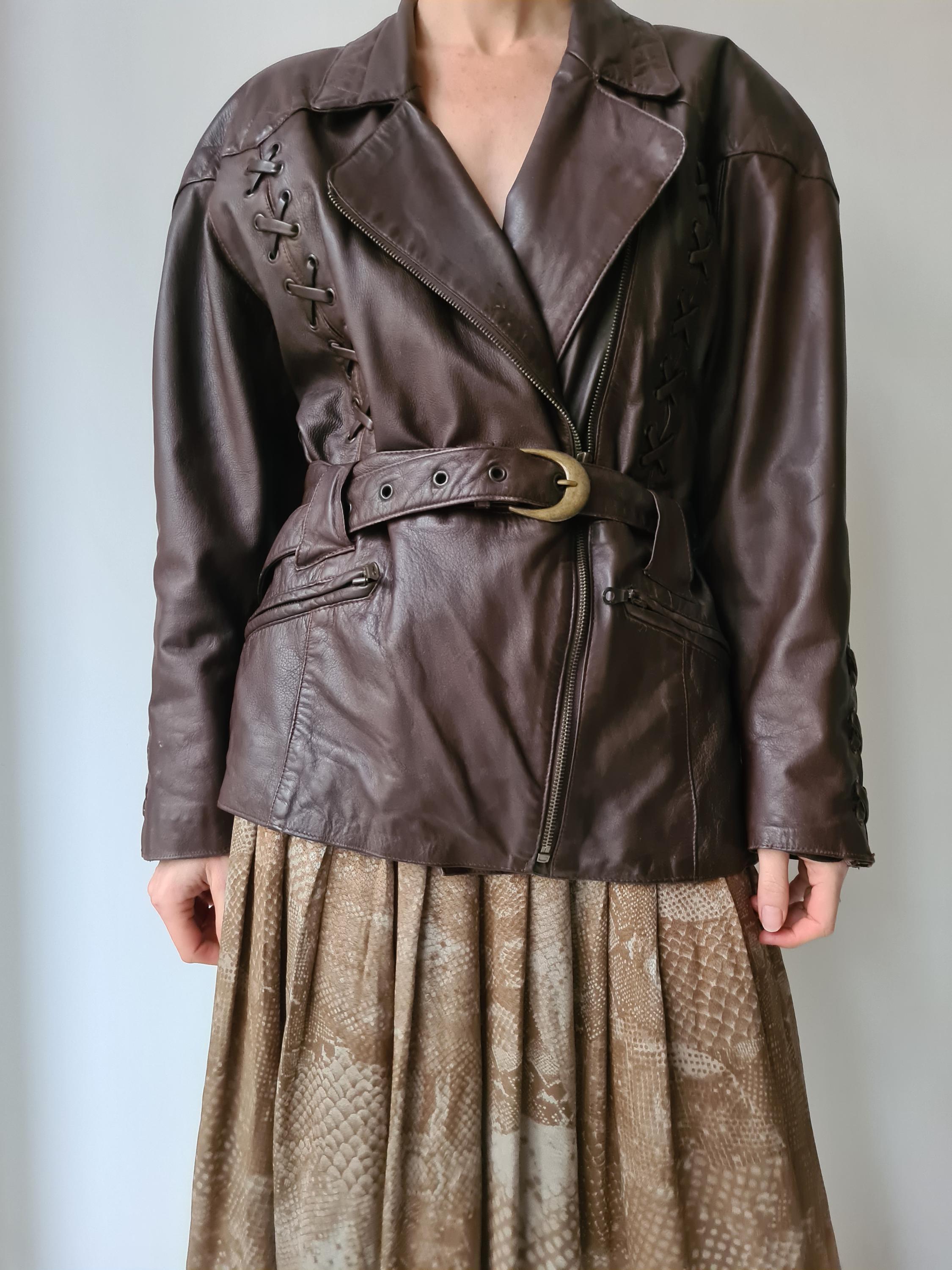 M Vintage Leather Brown Biker Belted Lace Detail Jacket - Etsy Canada