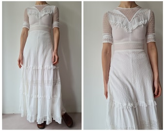 Vintage white cotton broderie prairie ruffle maxi dress xS