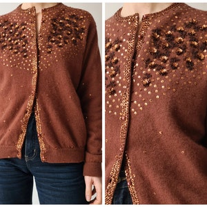 Vintage wool hand beaded sequin brown cardigan s/m