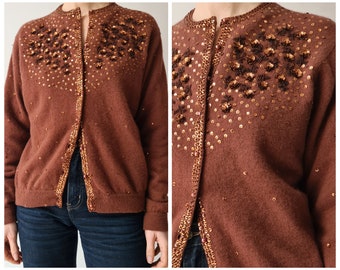 cardigan marron à sequins en laine vintage, perlé à la main, s/m