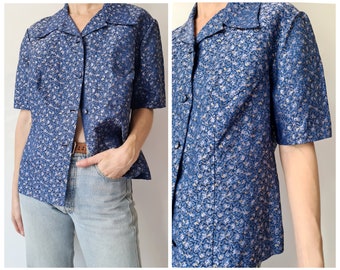 L Vintage blue jacquard short sleeve blouse