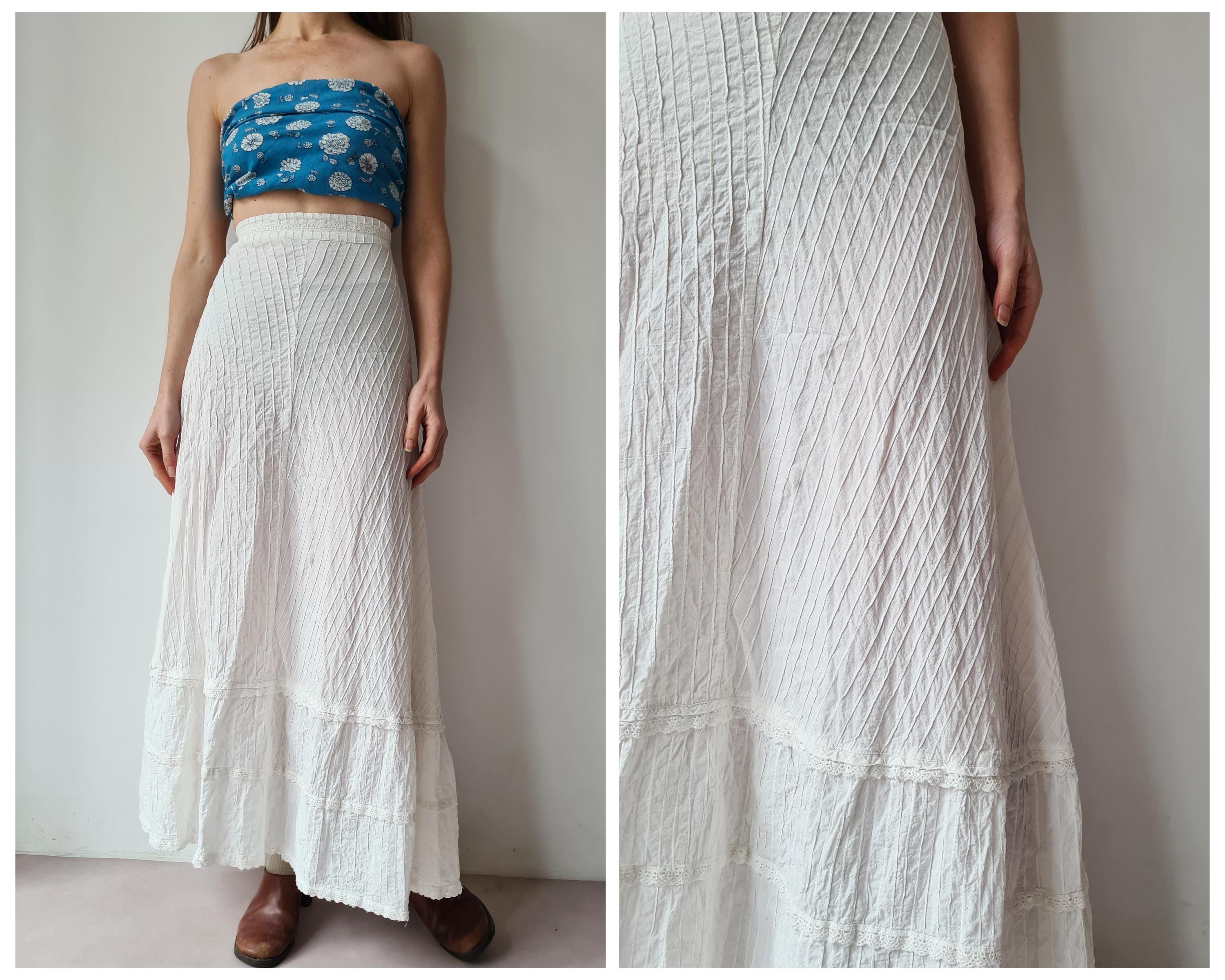 スカート [ENTHE FOVE] Cotton Flare Lace Pintuck Long Skirt CFLONGE Women's 2025 Bohemian Long Skirts Flowy High Waist A