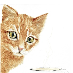 Coffee Cat Who Me? - Painted in coffee and Ink - Print of Original Art