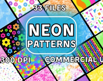 Neon Seamless Pattern Bundle 33 PNG Files 90's Inspired Abstracts, Tie Dye, Holographic, Glitter, Rainbows, florals 300 DPI Commercial Use