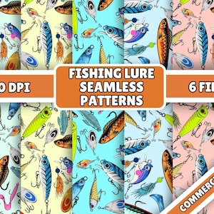 May include: A collection of six seamless patterns featuring colorful fishing lures and hooks. The patterns include various lure designs in shades of blue, green, orange, and silver, set against light blue, yellow, and pink backgrounds. Text on the image reads "FISHING LURE SEAMLESS PATTERNS" and "6 FILES".