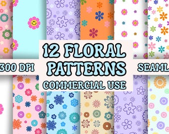 Groovy Floral Retro Seamless Patterns- Digital Paper- Colorful daisy- smiley faces- bundle- flower power- bundle 12 Files PNG- 300 DPI
