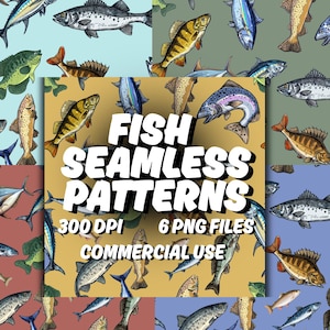 May include: A digital art image showcasing various fish illustrations on colorful backgrounds. The image includes the text "FISH SEAMLESS PATTERNS" and details about the file format and commercial use.