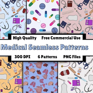 May include: Six colorful medical seamless patterns featuring various medical supplies, organs, and pills. High Quality, Free Commercial Use, 300 DPI, 6 Patterns, PNG Files.
