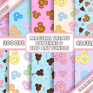May include: A collection of colorful digital patterns featuring cartoon pretzels, ice cream bars, and Mickey Mouse-shaped designs. The patterns are set against pastel backgrounds with sprinkles. The text "MAGICAL TREATS PATTERNS & CLIP ART BUNDLE" is displayed.