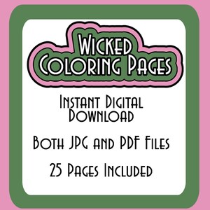Puede incluir: Un gr&aacute;fico de descarga digital verde y rosa con el texto "Wicked Coloring Pages" en forma de nube. El texto "Descarga digital instant&aacute;nea" y "Ambos archivos JPG y PDF" est&aacute;n debajo de la nube. El texto "25 p&aacute;ginas incluidas" est&aacute; en la parte inferior del gr&aacute;fico.