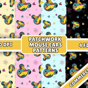 Könnte beinhalten: Vier digitale Muster mit Patchwork-Mauseohren auf gelbem, rosa, hellblauem und schwarzem Hintergrund. Jedes Muster enthält Spinnweben und kleine Formen. Das Bild enthält den Text "PATCHWORK MOUSE EARS PATTERNS", "300 DPI", "4 FILES" und "COMMERCIAL USE".
