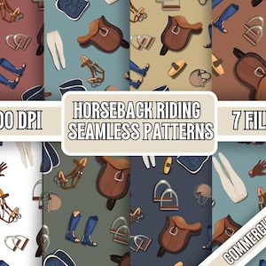 Equestrian Seamless Pattern Bundle Horseback Riding Digital Paper Pack  English Riding PNG – 300 DPI – Commercial Use
