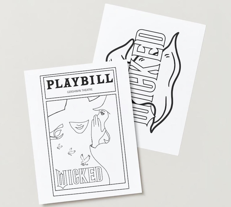 Instant digital download of wicked themed coloring book pages that you can print at home. Great for anyone that loves Wicked or is hosting a Wicked themed party or shower to use as an event activity. Coloring sheets include different images such as: Elphaba, Glinda, The wicked broadway playbill, Shiz University logo, lyric mentions such as unlimited, popular, dancing through life. Also notable items such as hat, broom, crown, wand, glasses.