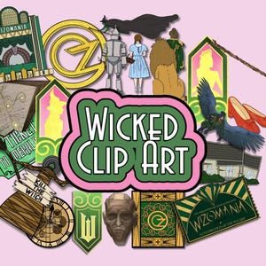 Grafika clipart Wicked/Grafiki clipart filmu Wicked, w tym Elphaba, latająca małpa, Grimmerie, logo Wicked i inne, kapcie