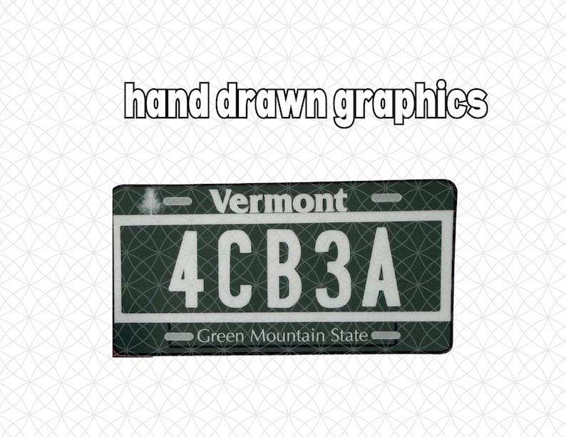 May include: A rectangular Vermont license plate featuring a dark green background with white text. The plate displays the text Vermont at the top, the alphanumeric code 4CB3A in the center, and Green Mountain State at the bottom. Hand drawn graphics.