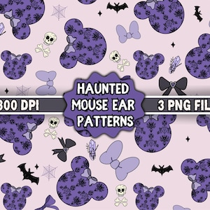 May include: A repeating pattern featuring purple mouse ear shapes with a damask design, bows, bats, skulls, and spiderwebs on a light pink background. The text reads "HAUNTED MOUSE EAR PATTERNS" and "300 DPI" and "3 PNG FILES".