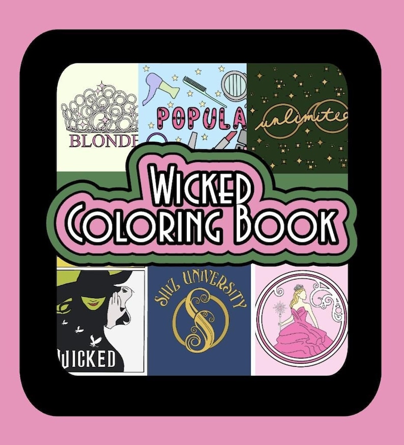 Instant digital download of wicked themed coloring book pages that you can print at home. Great for anyone that loves Wicked or is hosting a Wicked themed party or shower to use as an event activity. Coloring sheets include different images such as: Elphaba, Glinda, The wicked broadway playbill, Shiz University logo, lyric mentions such as unlimited, popular, dancing through life. Also notable items such as hat, broom, crown, wand, glasses.