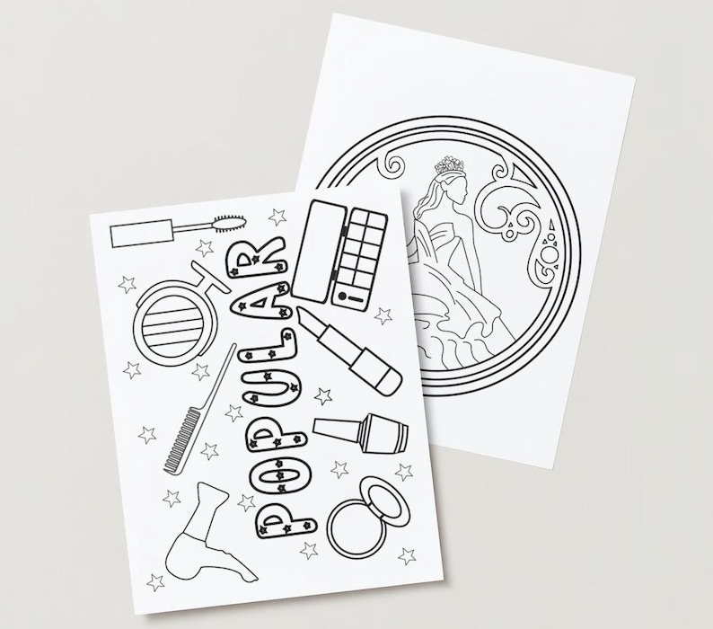Instant digital download of wicked themed coloring book pages that you can print at home. Great for anyone that loves Wicked or is hosting a Wicked themed party or shower to use as an event activity. Coloring sheets include different images such as: Elphaba, Glinda, The wicked broadway playbill, Shiz University logo, lyric mentions such as unlimited, popular, dancing through life. Also notable items such as hat, broom, crown, wand, glasses.