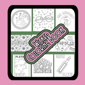 Instant digital download of wicked themed coloring book pages that you can print at home. Great for anyone that loves Wicked or is hosting a Wicked themed party or shower to use as an event activity. Coloring sheets include different images such as: Elphaba, Glinda, The wicked broadway playbill, Shiz University logo, lyric mentions such as unlimited, popular, dancing through life. Also notable items such as hat, broom, crown, wand, glasses.