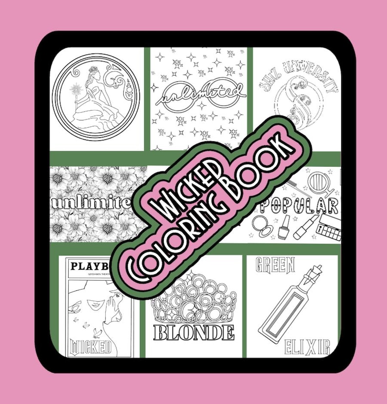 Instant digital download of wicked themed coloring book pages that you can print at home. Great for anyone that loves Wicked or is hosting a Wicked themed party or shower to use as an event activity. Coloring sheets include different images such as: Elphaba, Glinda, The wicked broadway playbill, Shiz University logo, lyric mentions such as unlimited, popular, dancing through life. Also notable items such as hat, broom, crown, wand, glasses.