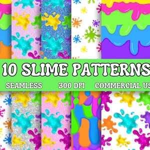 Peut inclure: Dix motifs de slime colorés avec des gouttes et des éclaboussures vibrantes. Les motifs présentent des nuances de bleu, vert, jaune, rose, orange et violet. Le texte de l'image indique "10 Slime Patterns, Seamless, 300 DPI, Commercial Use."
